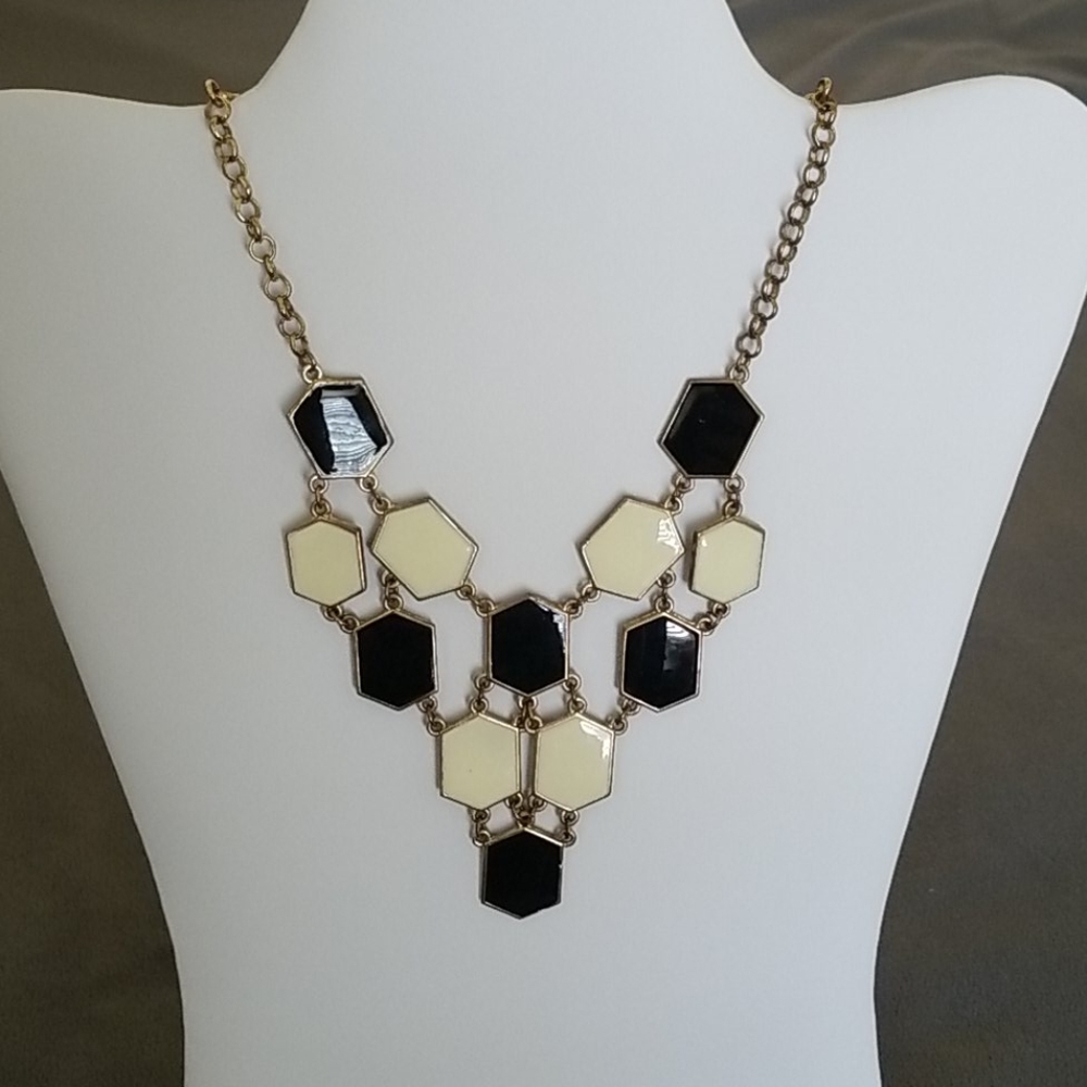 Black and Ivory Hexagon Bib Necklace
